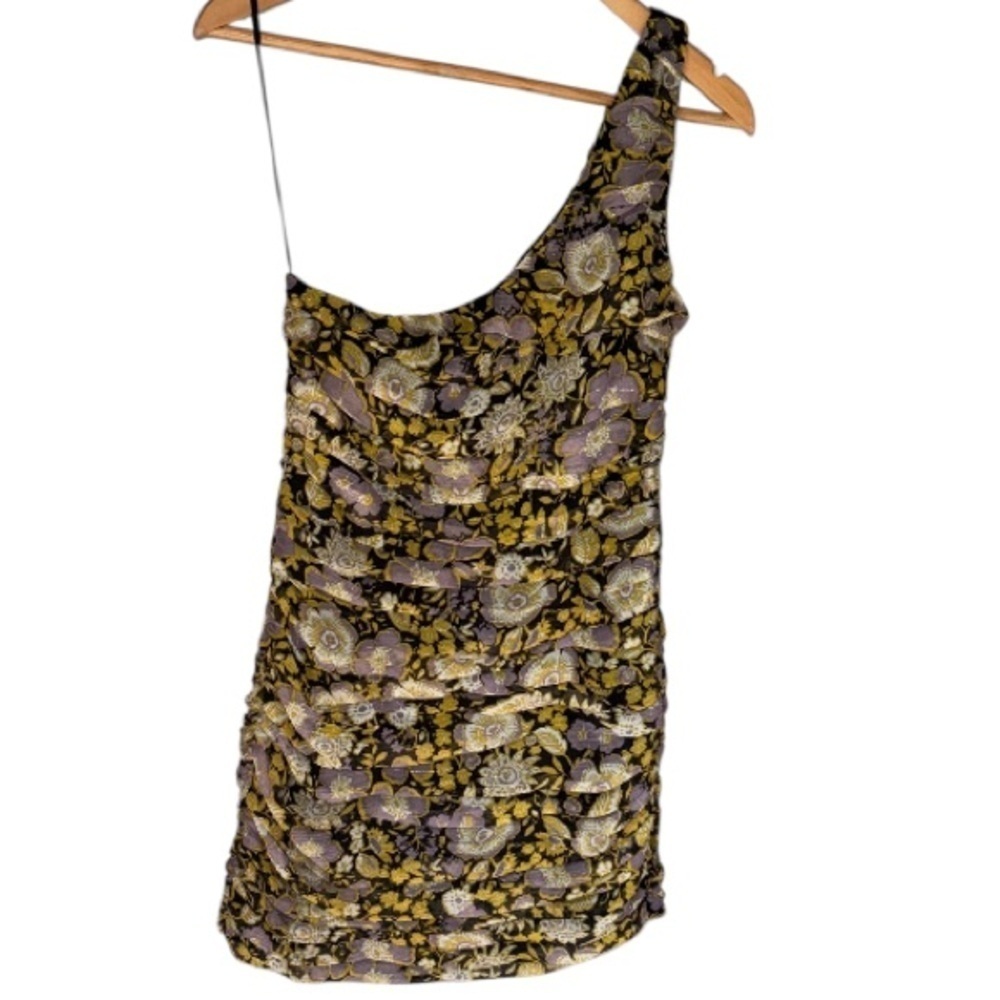 Zara dress One-Shoulder Floral  Black gold Purple ruched medium NEW